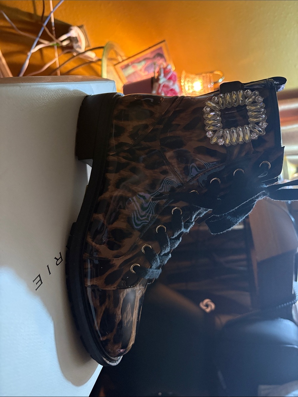Alex Marie Leopard-Print Patent Ankle Boots with Crystal Buckle